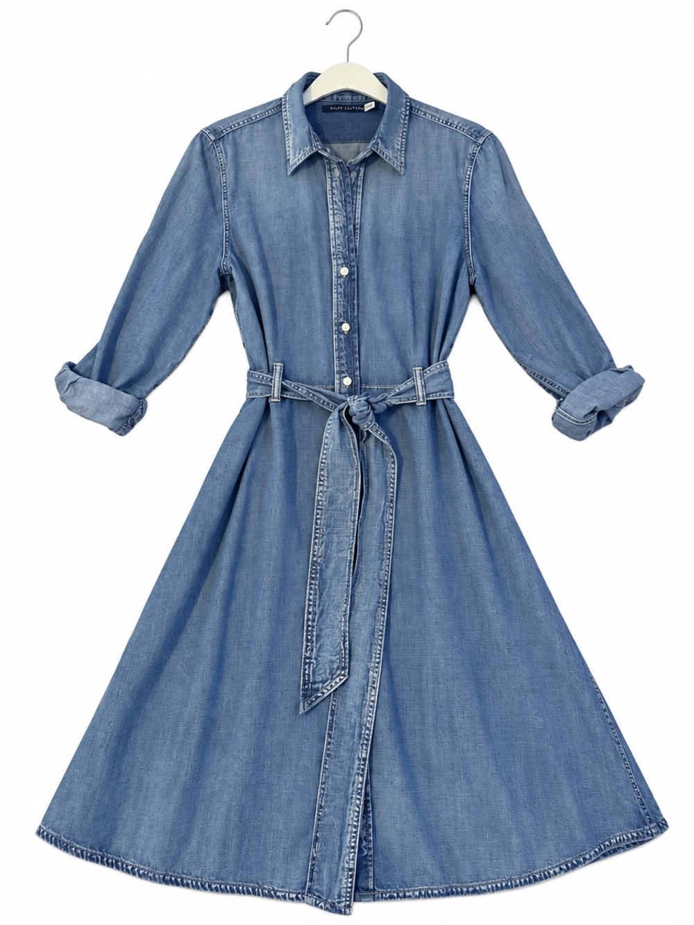 Ralph Lauren Light Blue Denim Midi Shirt Dress with Tie Belt